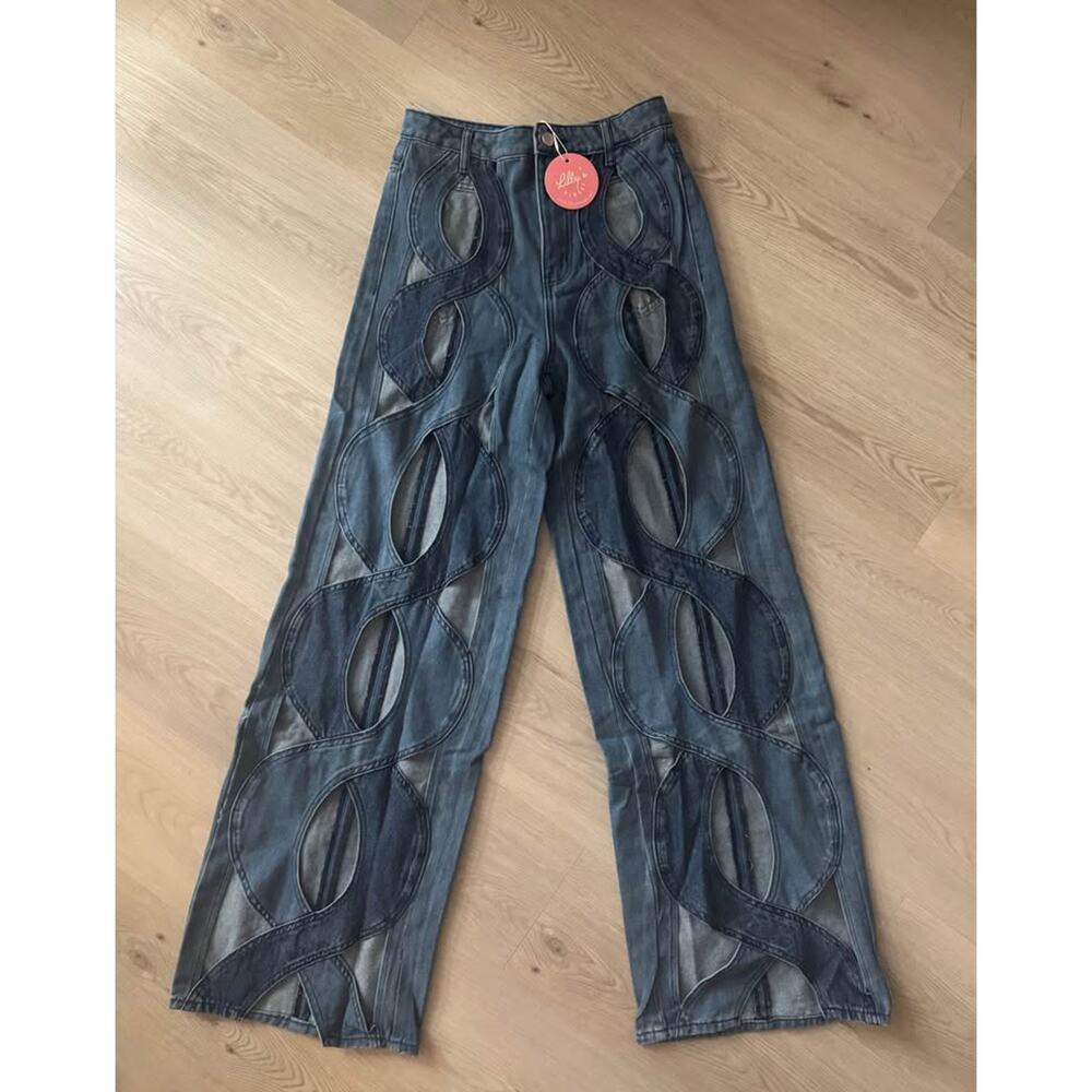 NWT Lilly’s Kloset Women’s Small Rope Cutout Wide-Leg Denim Jeans